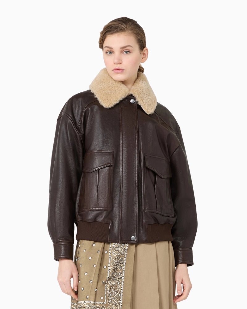 Weekend Max Mara Calata Nappa Leather Aviator Jacket in Dark Brown front view