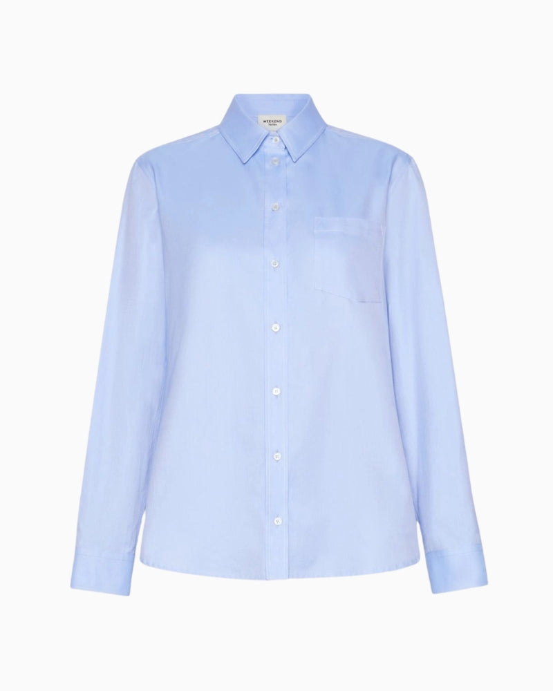 Weekend Max Mara Cotton Oxford Shirt in Light Blue chest pocket detail