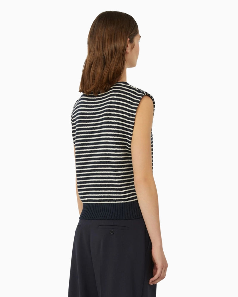 Woman wearing Weekend Max Mara cotton yarn gilet navy, back view – Áines Boutique
