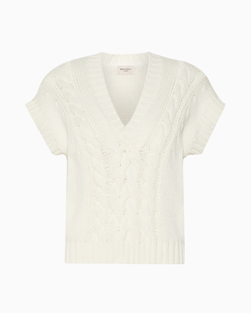 Weekend Max Mara Cotton Yarn Gilet in Ecru cable-knit detail