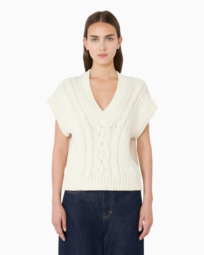 Weekend Max Mara Cotton Yarn Gilet in Ecru front view