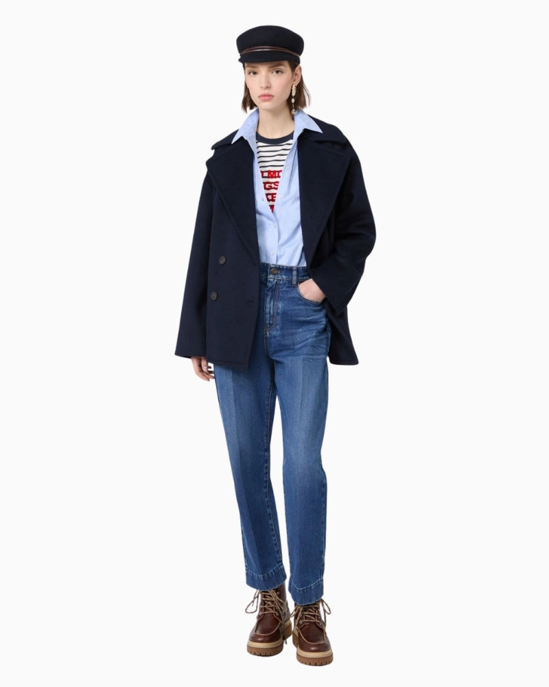 Weekend Max Mara Double-Breasted Pea Coat in Navy styled view detail
