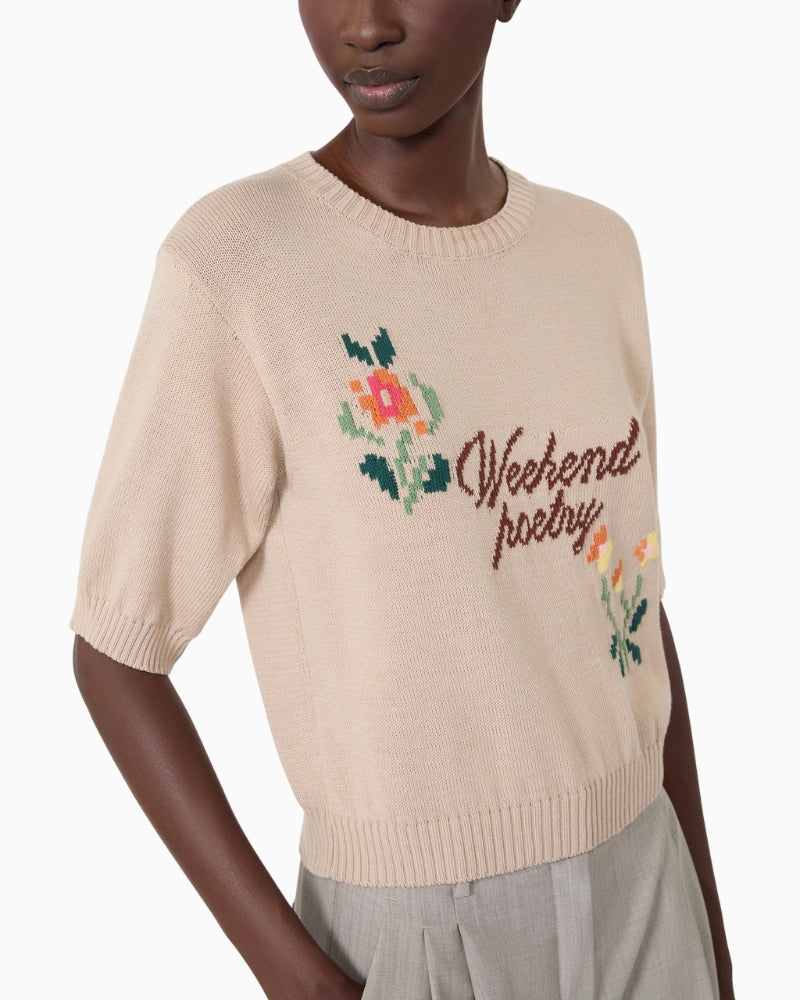 Weekend Max Mara Embroidered Cotton Yarn Sweater in Beige embroidered detail
