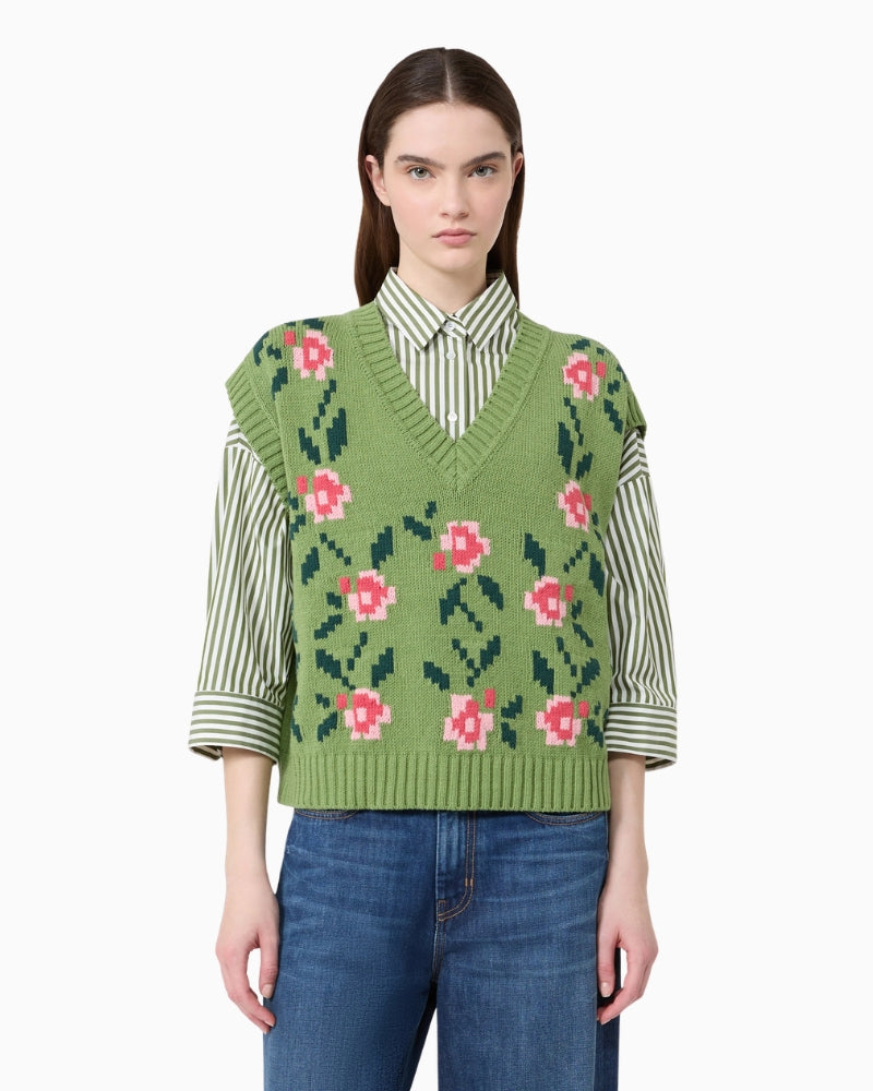Weekend Max Mara Inlaid Cotton-Blend Gilet in Green V-neck detail
