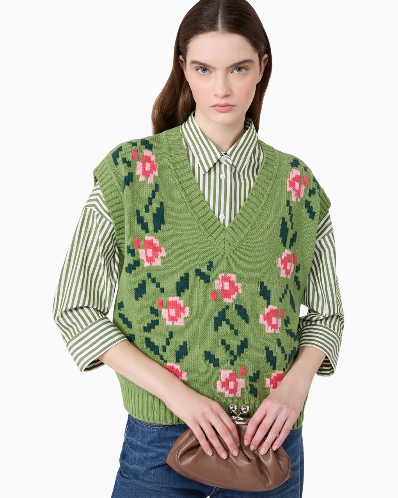 Weekend Max Mara Inlaid Cotton-Blend Gilet in Green front view