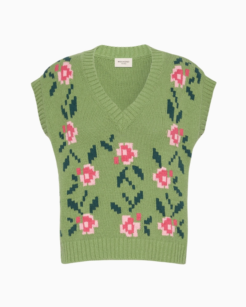 Weekend Max Mara Inlaid Cotton-Blend Gilet in Green intarsia motif detail