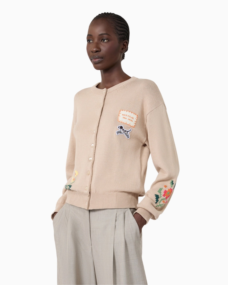 Weekend Max Mara Inlay-Detail Cotton Yarn Cardigan in Beige side view