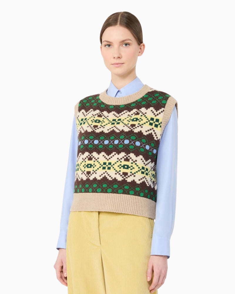 Weekend Max Mara Jacquard Wool Yarn Gilet in Beige/Brown front view