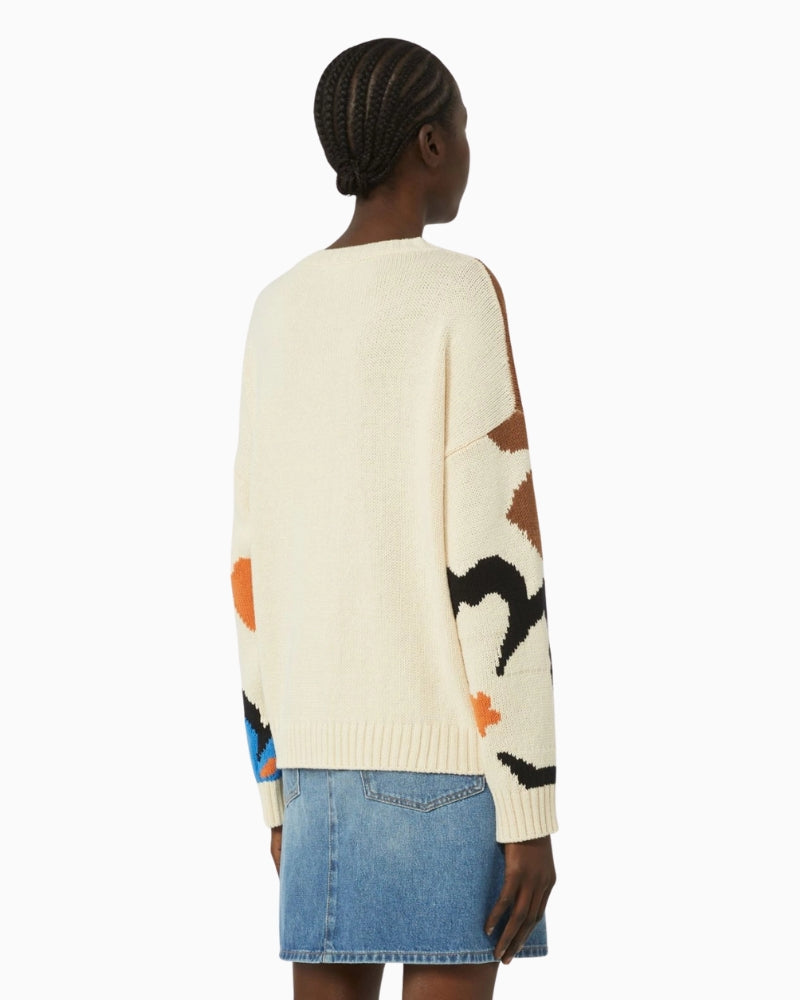 Woman wearing Weekend Max Mara patterned cotton knit multicolour, back view – Áines Boutique