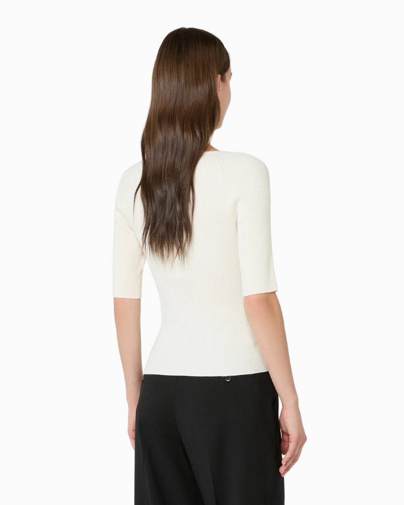 Weekend Max Mara Rib-Knit Stretch Viscose Sweater in Ecru back view