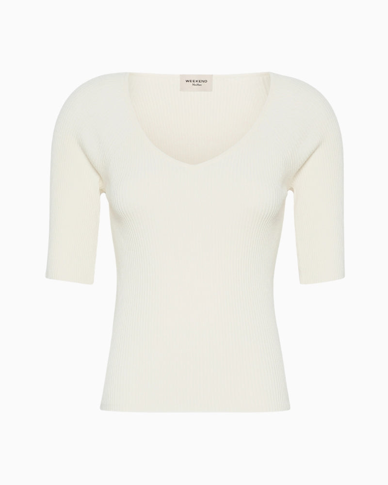 Weekend Max Mara Rib-Knit Stretch Viscose Sweater in Ecru rib-knit texture detail