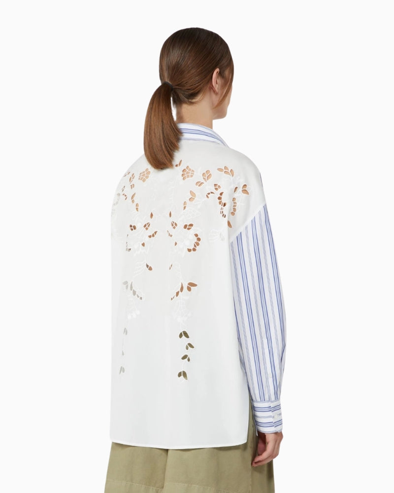 Weekend Max Mara Striped Cotton Shirt with Eyelet Lace in navy back view with eyelet embroidery insert