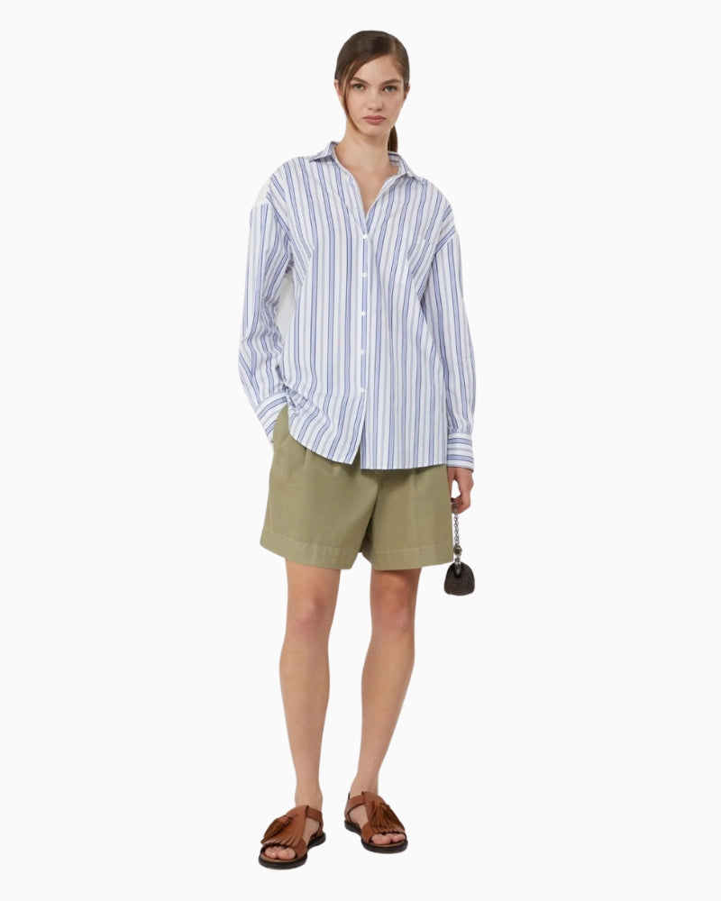 Weekend Max Mara Striped Cotton Shirt with Eyelet Lace in navy detail of open V-neck collar