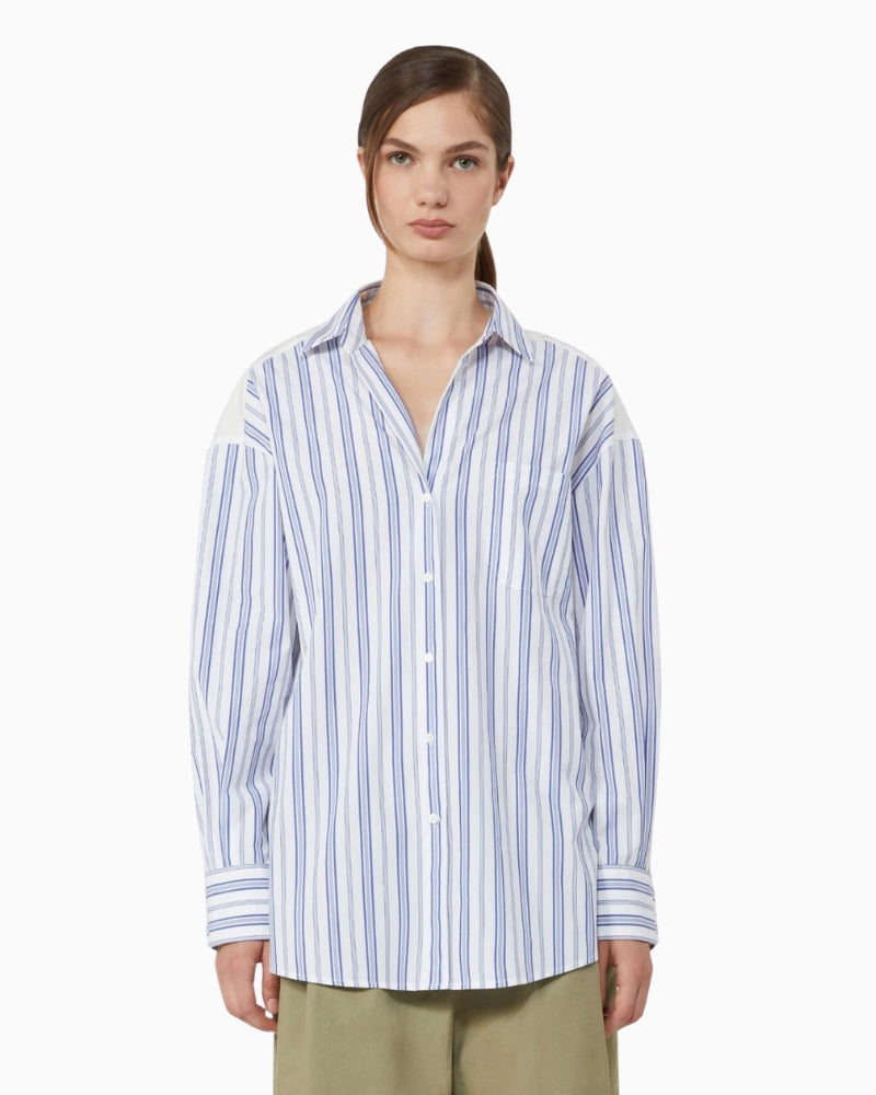 Weekend Max Mara Striped Cotton Shirt with Eyelet Lace in navy front view