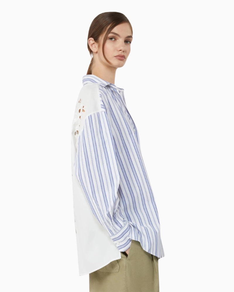 Weekend Max Mara Striped Cotton Shirt with Eyelet Lace in navy side view