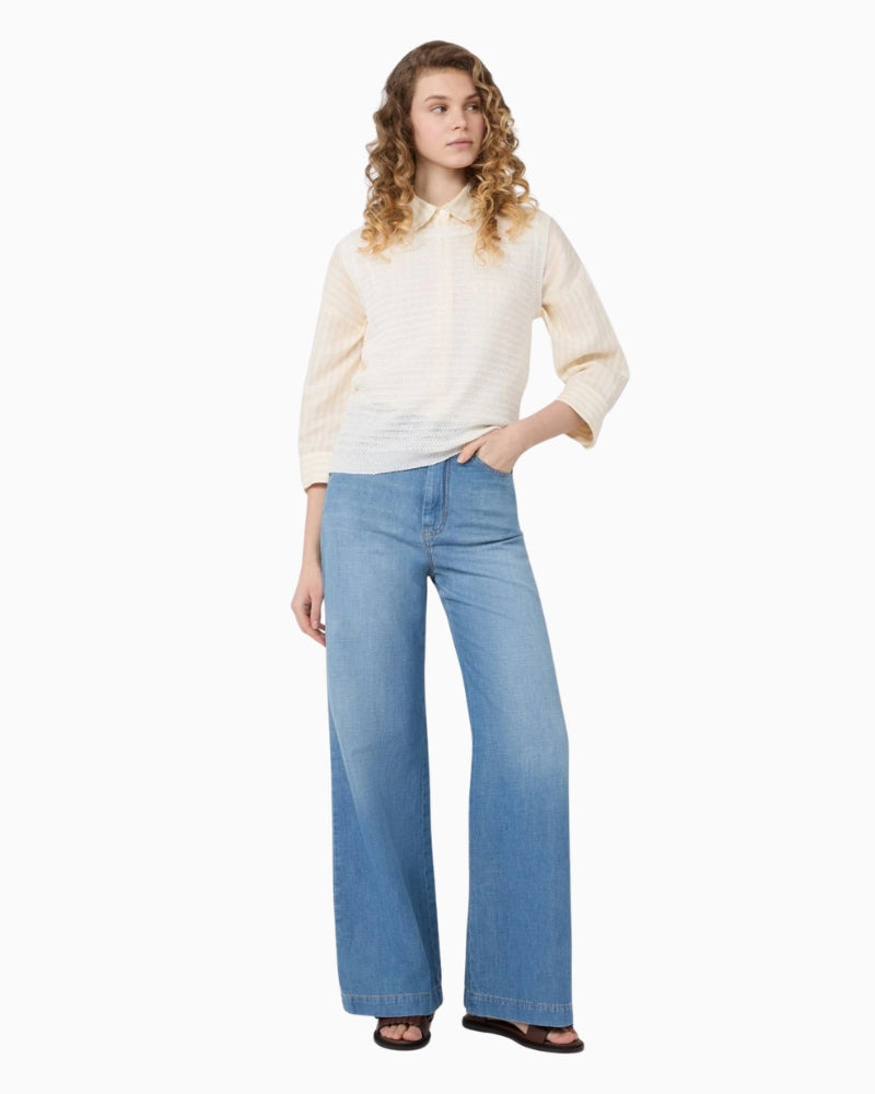 Weekend Max Mara Striped Linen Canvas Shirt Light Yellow button front detail