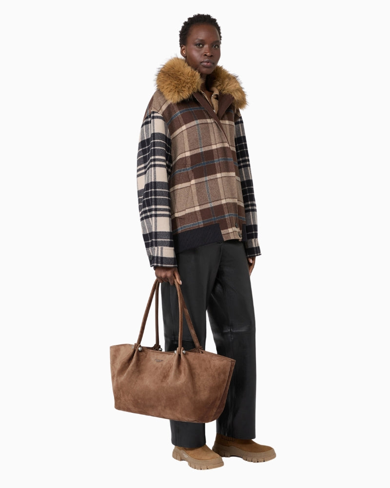 Weekend Max Mara Suede Tote Bag in brown showing shoulder handles and pleat detailing