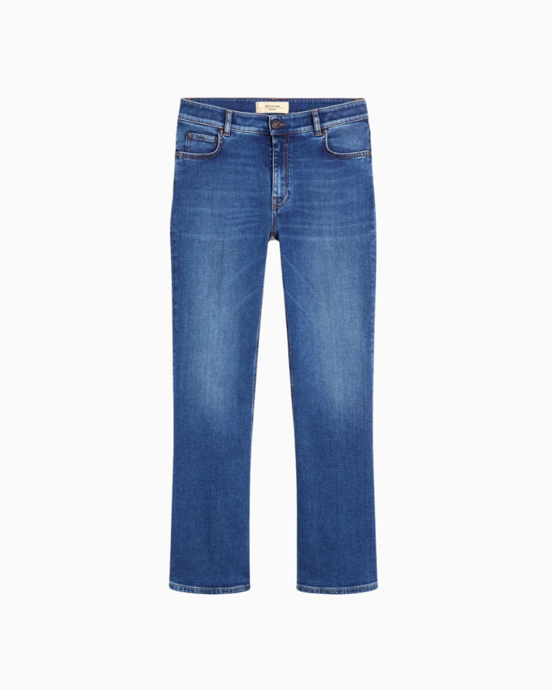 Woman wearing Weekend Max Mara super stretch skinny jeans navy, front view – Áines Boutique