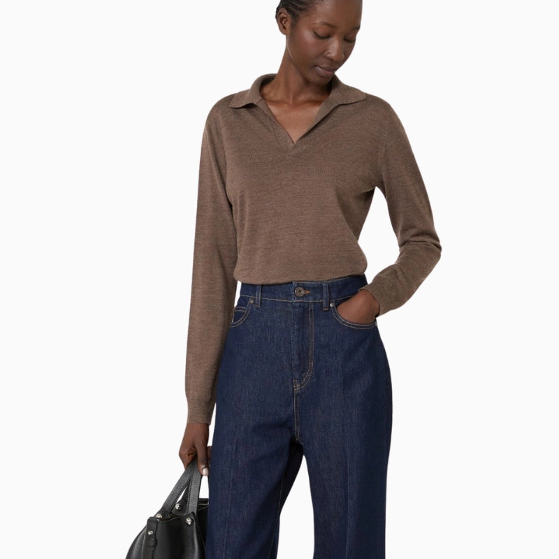 Weekend Max Mara Wool and Cashmere Yarn Polo Jumper in Brown front view