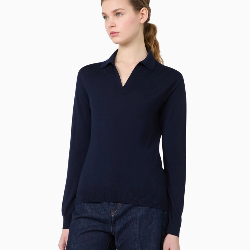 Weekend Max Mara Wool and Cashmere Yarn Polo Jumper in Navy front view