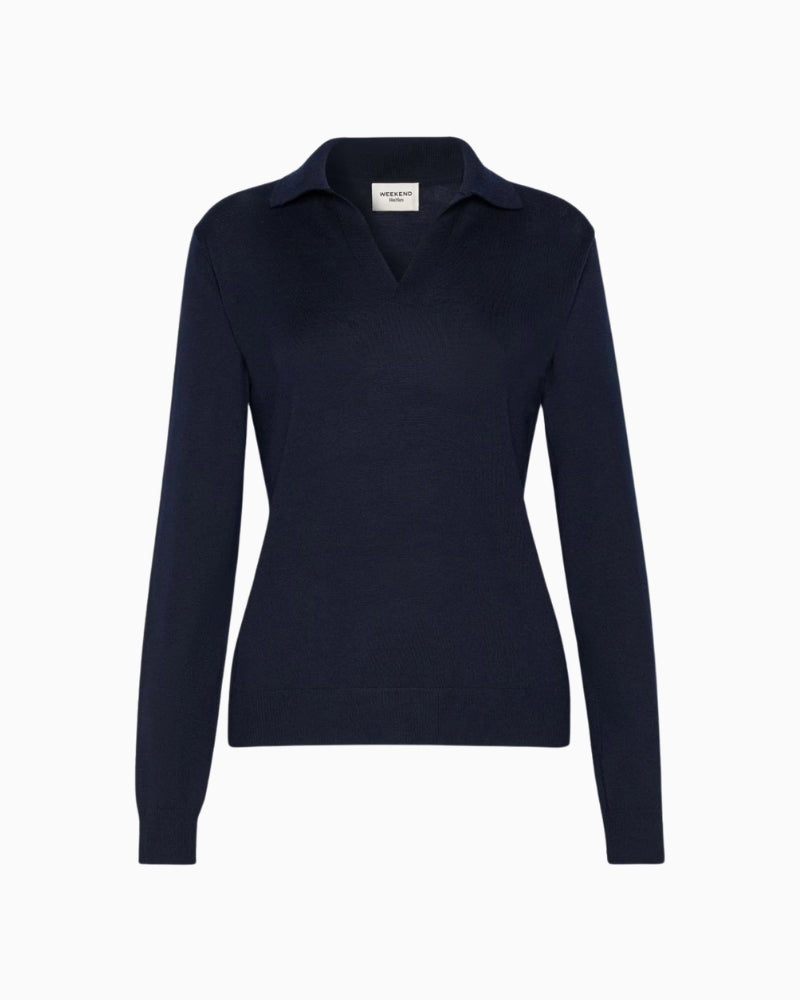 Weekend Max Mara Wool and Cashmere Yarn Polo Jumper in Navy polo collar detail