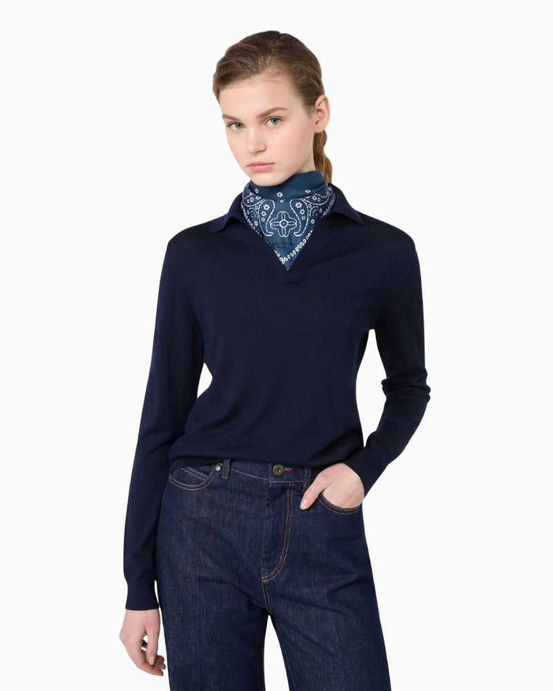 Weekend Max Mara Wool and Cashmere Yarn Polo Jumper in Navy ribbed trim detail
