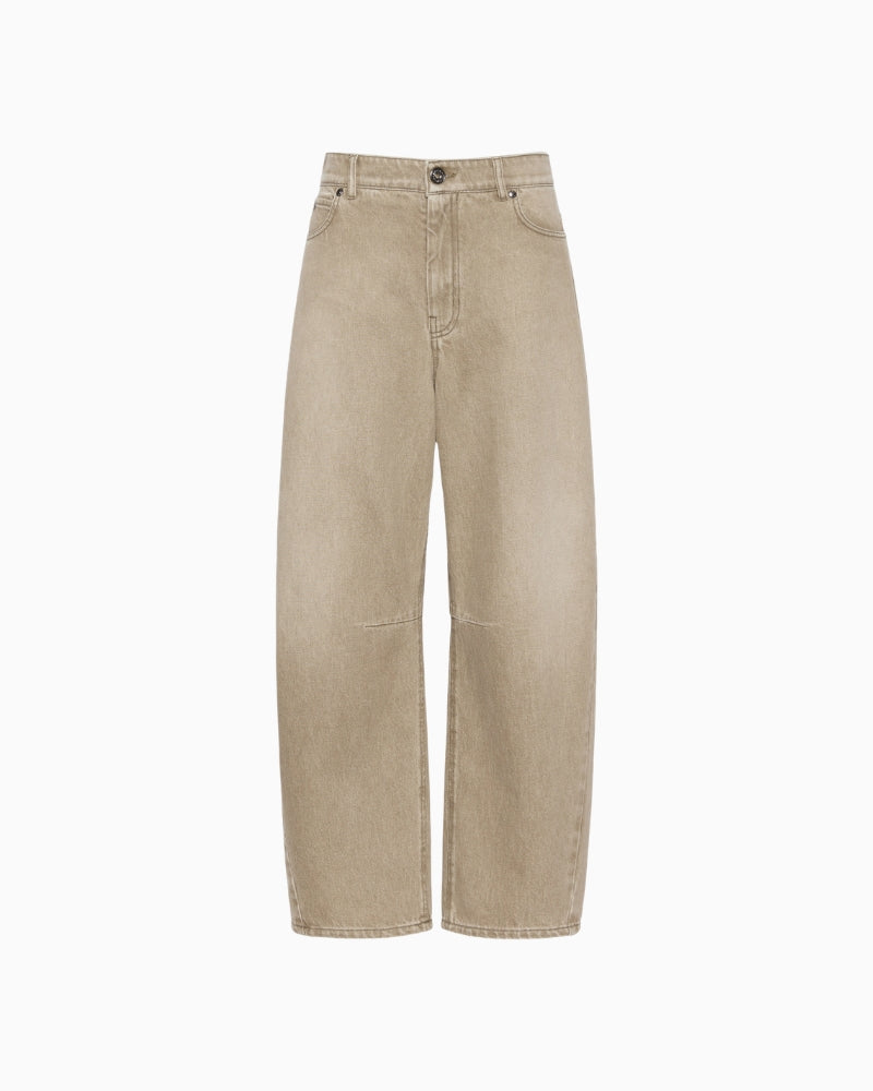 Weekend Max Mara Worn-Look Denim Barrel-Leg Jeans in Beige waist detail