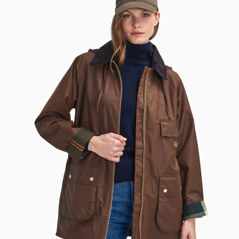 Women's Barbour Highclere brown wax jacket worn front view
