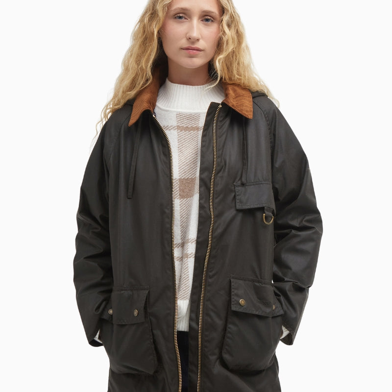 Women's Barbour Highclere olive wax jacket worn front view
