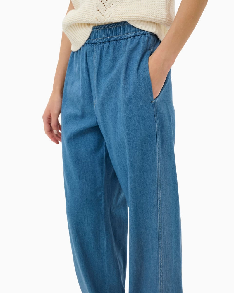 Part Two AinaPW Trousers in Medium Blue Denim waistband detail