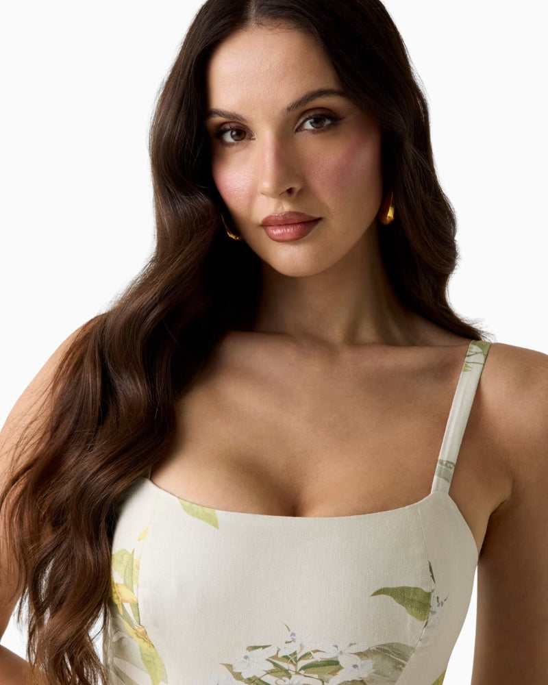 uess Linen-Blend Dress in white and green square neckline detail