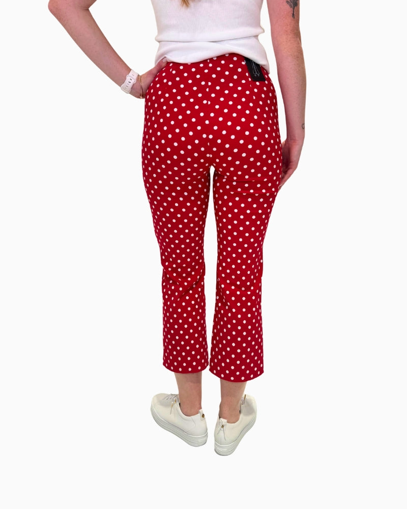Back view of Robell Joella 09 trousers in red, displaying faux zip flap and clean silhouette