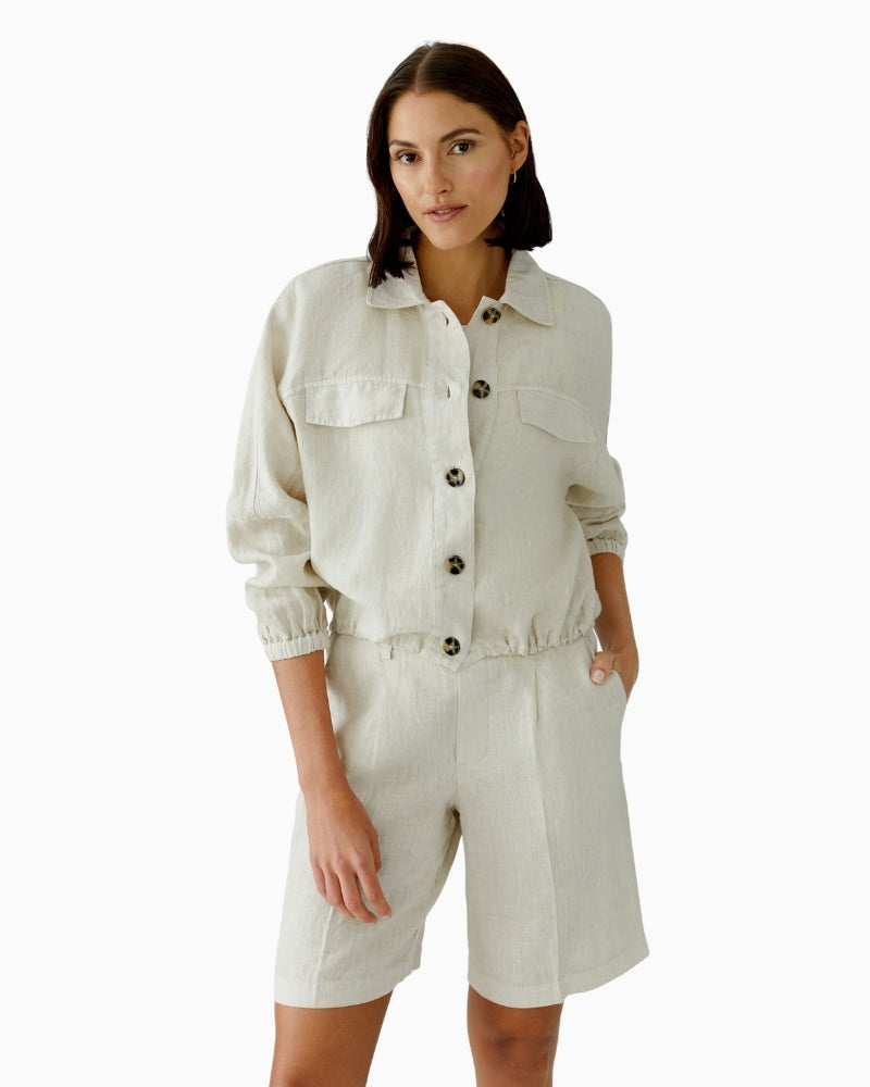 Oui Linen Blouson Jacket in Biscuit front view