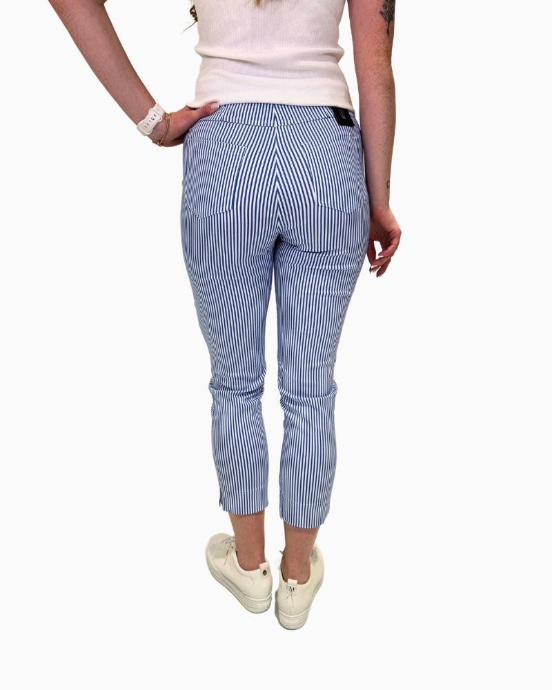 Back view of Robell Bella 09 Bay Stripe ankle‑grazer trousers, showing elasticated pull‑on waistband and functional back pockets