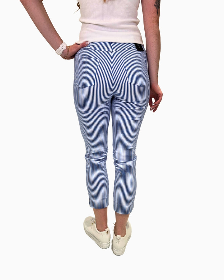 Back view of Robell Bella 09 Bay Stripe ankle‑grazer trousers, showing elasticated pull‑on waistband and functional back pockets