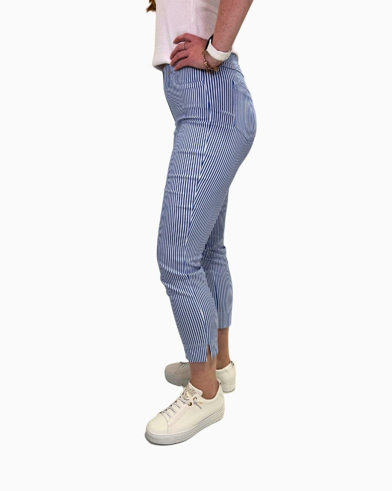 Side view of Robell Bella 09 Bay Stripe ankle‑grazer trousers, highlighting slim fit through hip and 7/8‑length leg