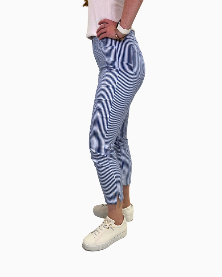 Side view of Robell Bella 09 Bay Stripe ankle‑grazer trousers, highlighting slim fit through hip and 7/8‑length leg