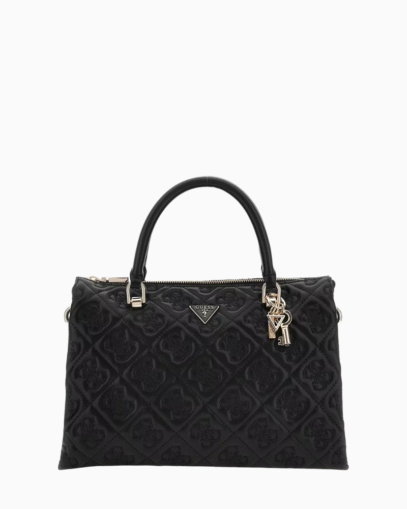 Black Guess Adelasia satchel with quilted faux leather, gold hardware and shoulder strap