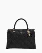 Black Guess Adelasia satchel with quilted faux leather, gold hardware and shoulder strap
