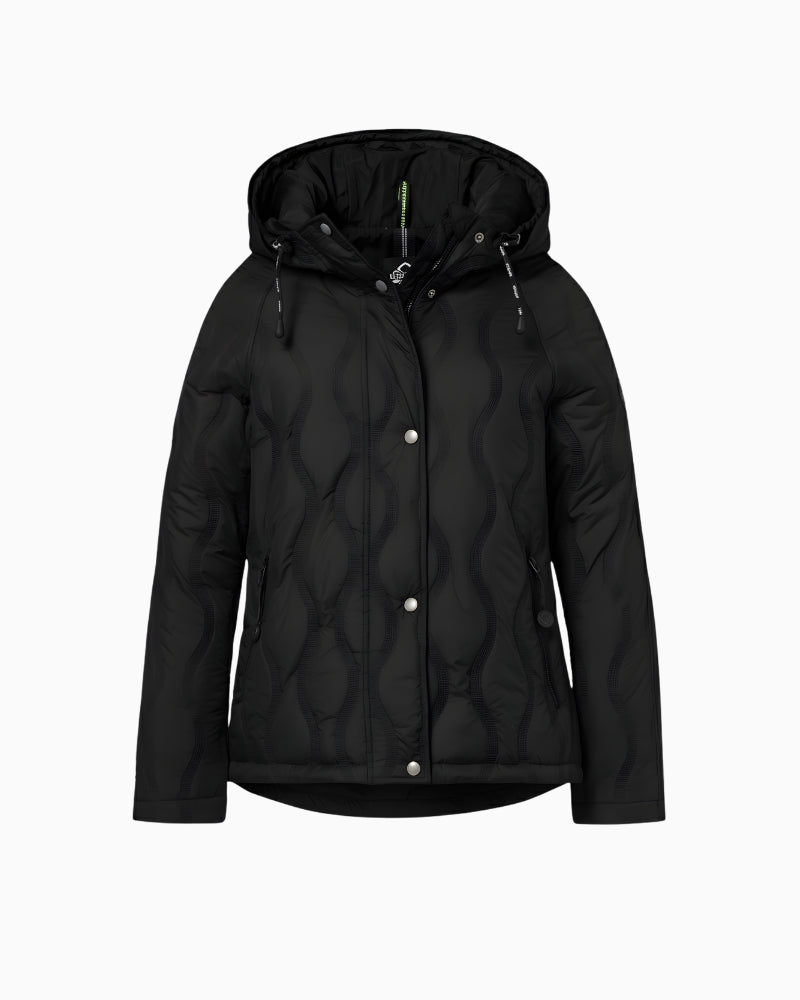 Black quilted jacket by District with hood and wave quilting design