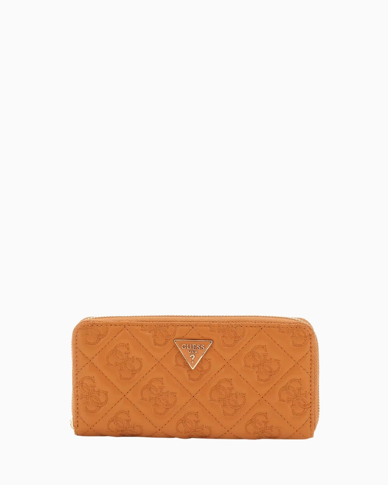 Caramel quilted faux-leather Guess Adelasia maxi wallet with 4G logo and gold hardware