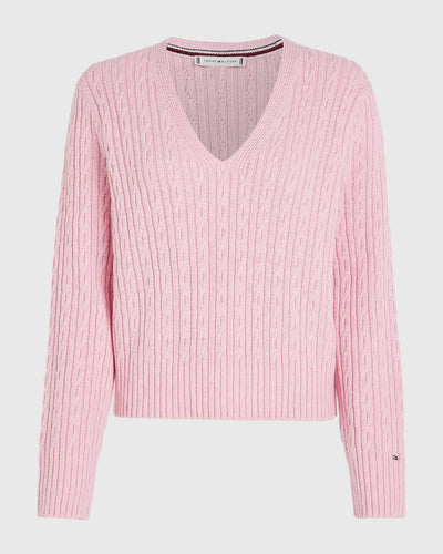 Tommy Hilfiger - Cable All Over V-Neck Sweater in Baby Pink