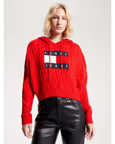 Tommy Jeans - Centre Flag Cable Hoodie in Red