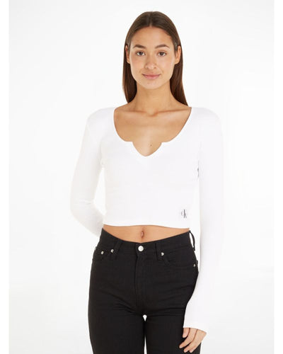 Calvin Klein - Split Collar Rib Long Sleeve Top in White