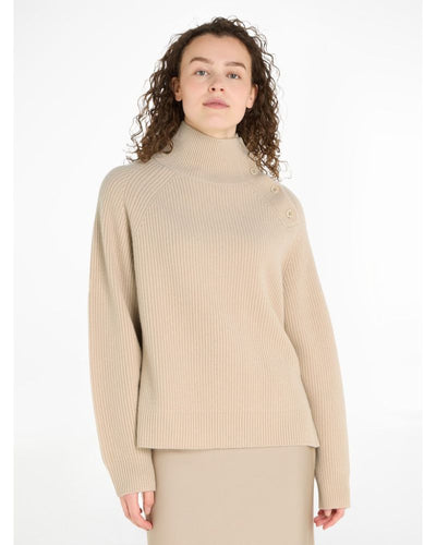 Calvin Klein - Recycled Wool Button Mock Neck Top in Sand