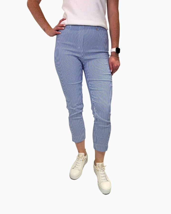 Front view of Robell Bella 09 Bay Stripe ankle‑grazer trousers in blue‑and‑white pinstripe, styled with a white tee and trainers