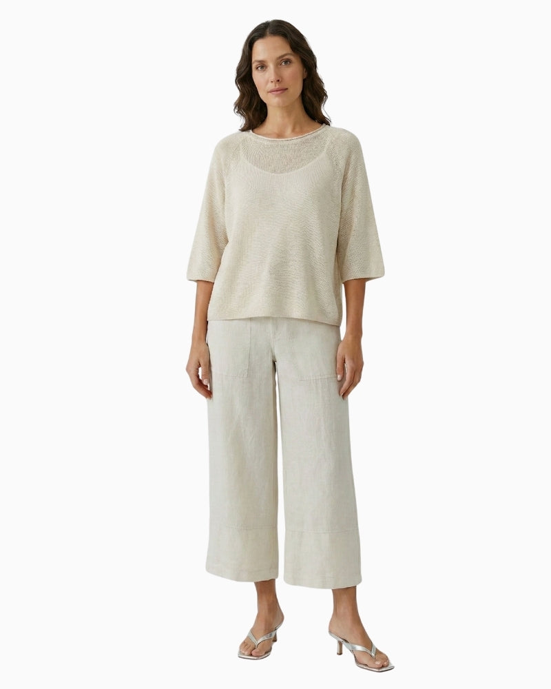 Oui Linen Trousers in Biscuit full outfit view