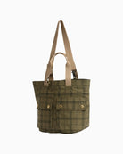 Barbour Transport Carry-All Tote Bag dusky green tartan angled view with shoulder straps