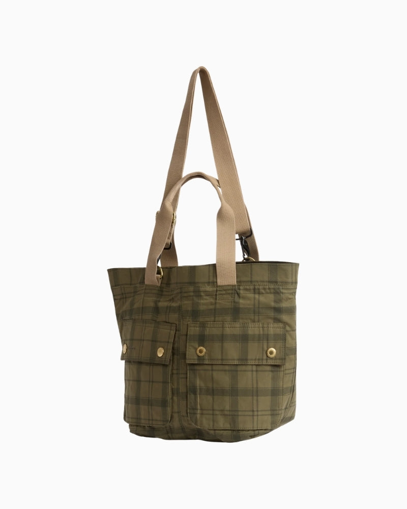 Barbour Transport Carry-All Tote Bag dusky green tartan angled view with shoulder straps