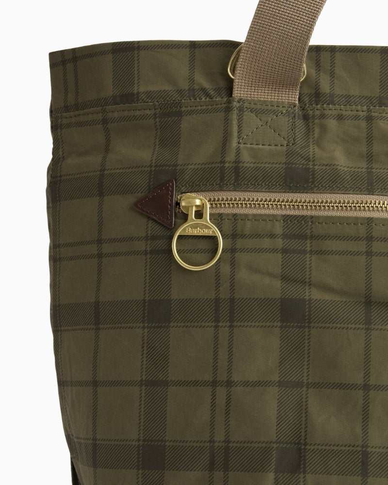 Barbour Transport Carry-All Tote Bag dusky green tartan tartan zip detail